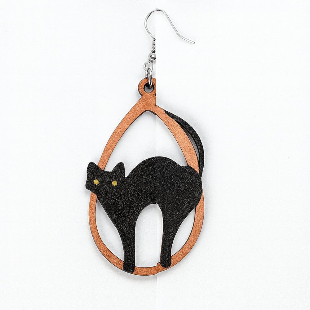 Chic Wooden Black Cat Teardrop Dangle Earrings | Playful Whimsical
